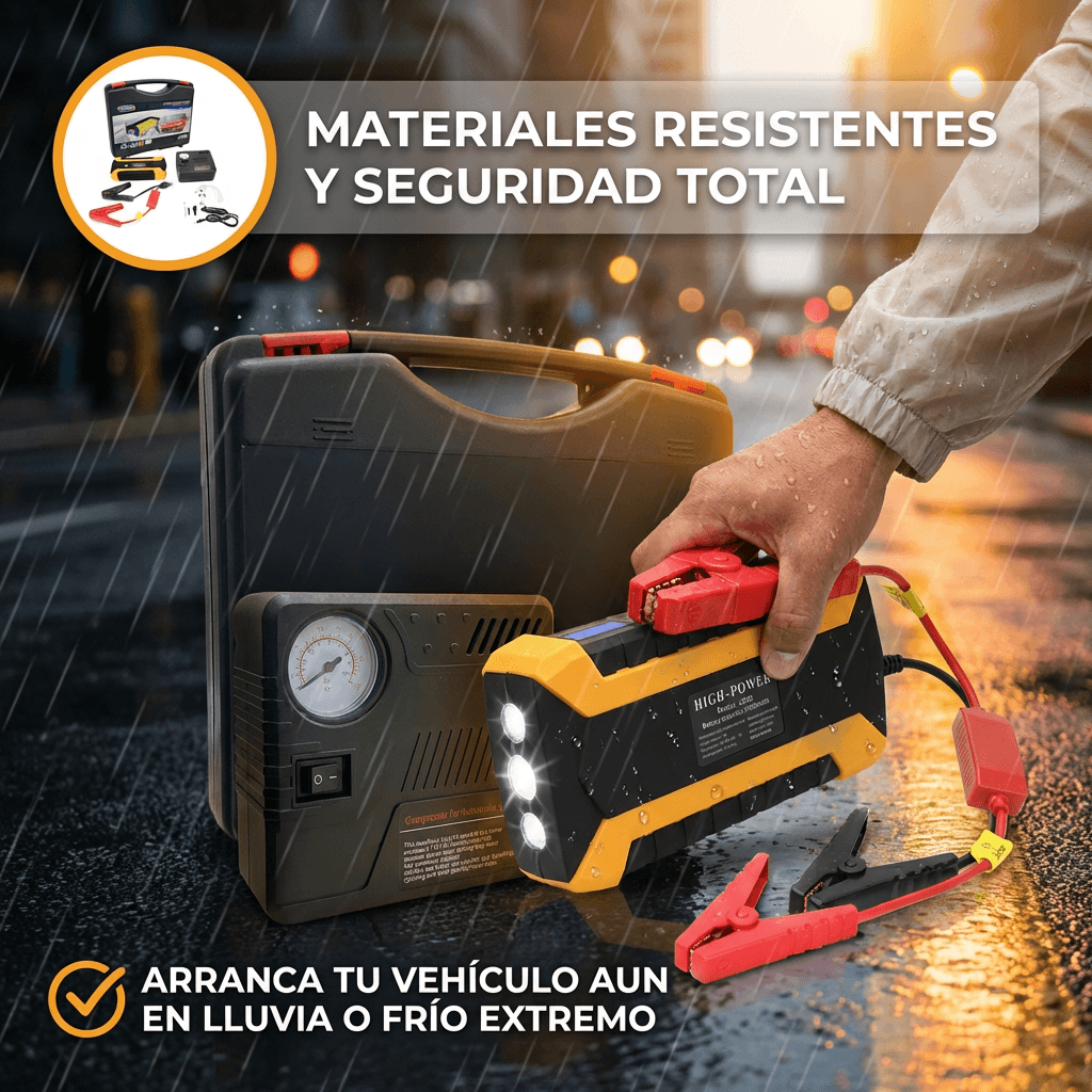 Kit de Emergencia vehicular  4-en-1 - Arrancador de Batería + Compresor de Aire + Power Bank + Linterna LED.