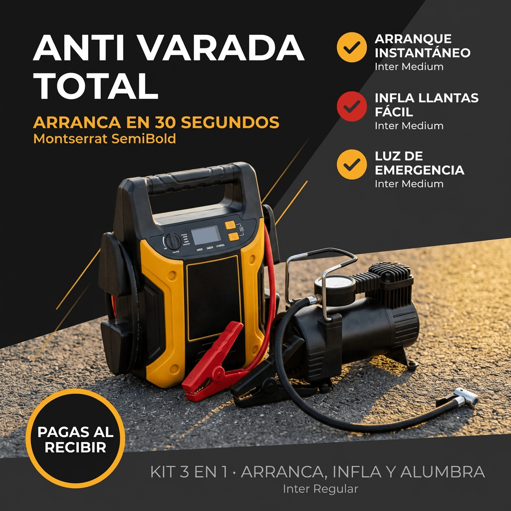 Kit de Emergencia vehicular  4-en-1 - Arrancador de Batería + Compresor de Aire + Power Bank + Linterna LED.