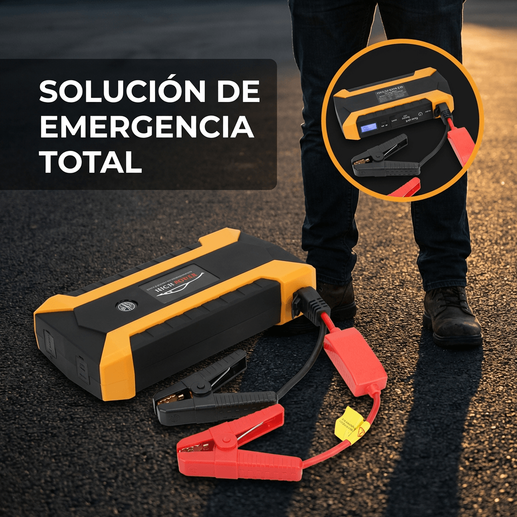 Kit de Emergencia vehicular  4-en-1 - Arrancador de Batería + Compresor de Aire + Power Bank + Linterna LED.