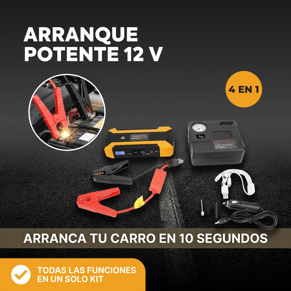 Kit de Emergencia vehicular  4-en-1 - Arrancador de Batería + Compresor de Aire + Power Bank + Linterna LED.